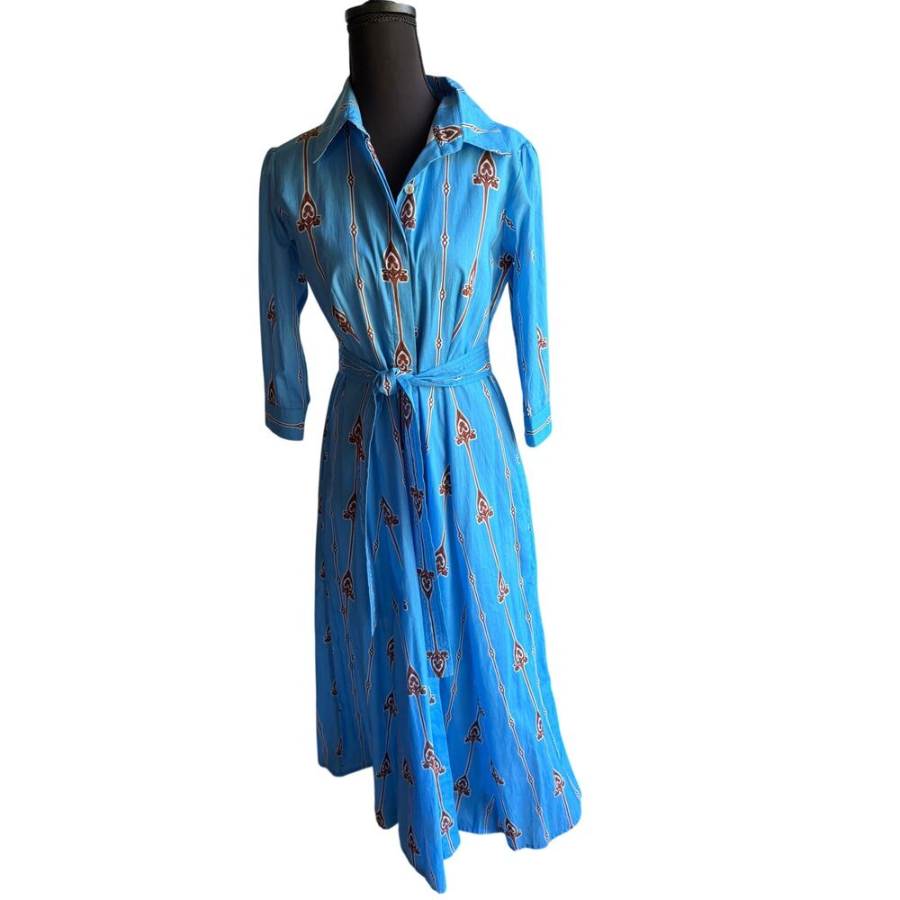 Beyond by Vera Emily Dress XS NWT 100% Cotton Blue Belted Maxi Shirt Dress